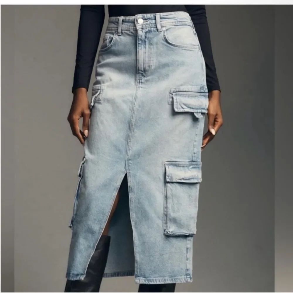 ANTHROPOLOGIE | PILCRO Blue Denim Midi Cargo Jean Skirt Women’s Size 2